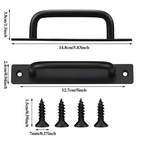 12 Pack Black Barn Door Handles 5.8 Inch Aluminum Alloy Cabinet Pulls With 24 Screws shown with measurements.