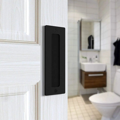 7 Inch Black Barn Door Handle Finger Pull Set Two Pack Heavy Duty Invisible Handle For Gates Garages Sheds Barn Doors And Pocket Doors With Flat Bottom Design And Easy To Install Solid Carbon Steel Construction With Rust Resistant Powder Coat installed on bathroom door