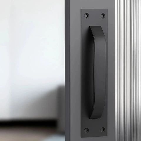 2 Pack Black Matte Finish Barn Door And Cabinet Pull Handles Heavy Duty Door Hardware installed on a modern cabinet door