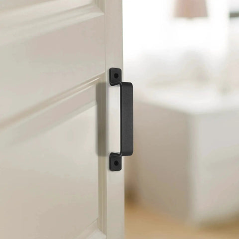 Sliding Barn Door Handles Set In Black 7.4 Inch mounted on white interior door showing side view