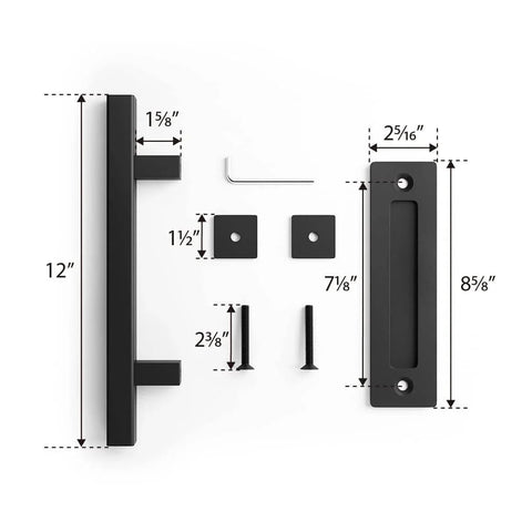 Heavy Duty 12" Pull and Flush Barn Door Handle Set, Large Rustic Two-Side Design, Solid Steel, Black hardware kit layout