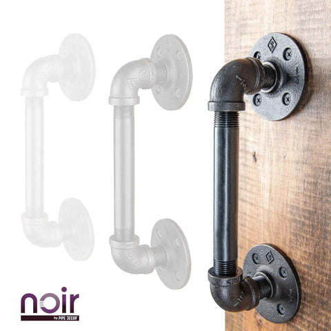 1/2 In X 6 In Matte Black Pipe Sliding Barn Door Handle For Indoor And Outdoor Use attached to wooden door