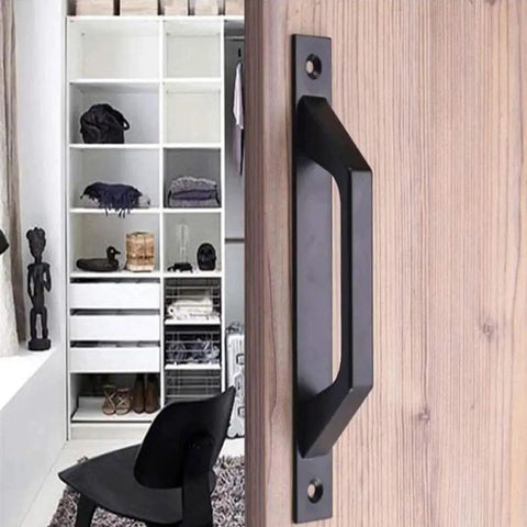 Sliding Barn Door Handle For Wooden Doors 19.6 Cm Long, Antique Two-Piece Door Pull In Matte Black Finish installed on wooden door