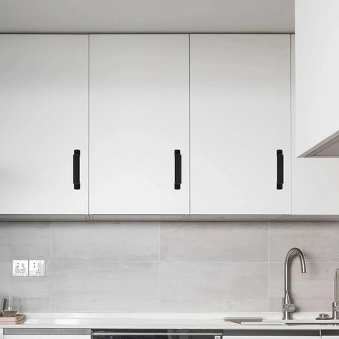 Two Pack Sliding Barn Door Handles Metal Gate Pulls for Interior and Outdoor Doors 7.5 Inch Length Black Finish installed on kitchen cabinets