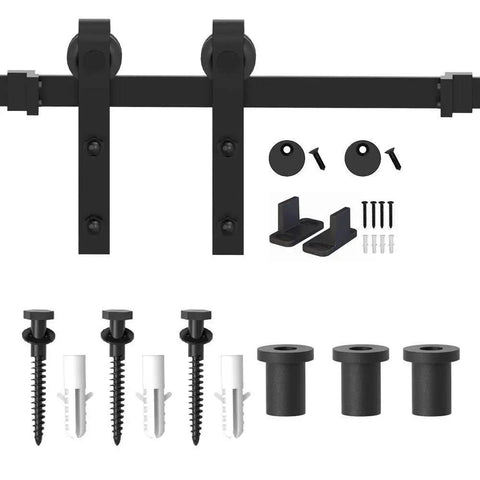 J Shape 4 Foot Barn Door Hardware Kit For Single Sliding Door In Black Carbon Steel Heavy Duty Track System, components view