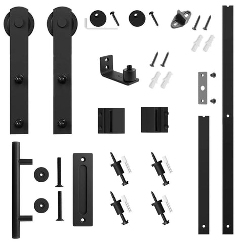 Components of 5 FT Heavy Duty Sturdy Sliding Barn Door Hardware Kit, Black, including pull handle, floor guide, fit 28''-30'' door panel.
