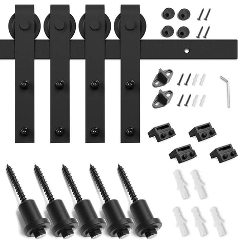 6.6 Ft Double Barn Door Hardware Kit For Sliding Doors With Smooth Quiet Track And Easy Installation Includes Detailed Installation Guide For 20 Inch Wide Door Panel J Shape Hanger Black Finish in flat lay view, showcasing components.