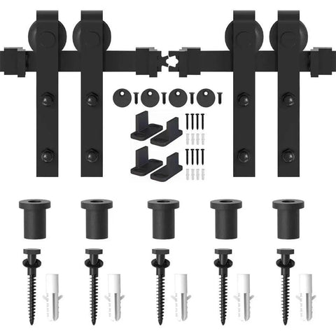 6Ft Barn Door Hardware Kit Double Sliding Door System Black Carbon Steel Heavy Duty Track Rail J Shape Side Mounted Easy To Install For 36 Inch Closet Panel No Door Supports Up To 277 Lbs With Black Powder Coating