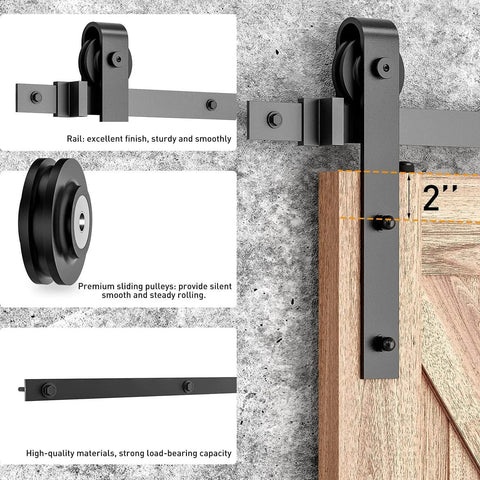 8 FT Sliding Barn Door Hardware Kit Heavy Duty-Smoothly and Quietly- Easy to Install shown with rollers and rail on wooden door