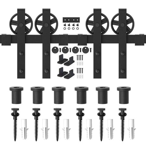 Premium Black Finish Wood Double Sliding Barn Door Hardware Kit With Big Spoke Wheel Rollers, tracks, and mounting hardware.