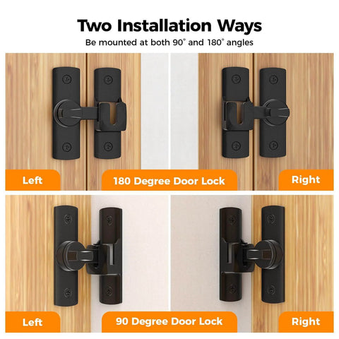 2 Pcs Degree Barn Door Latch, 180/90 Sliding Barn Door Lock installation options for cabinets, barn door, bathroom, garden doors (Black)