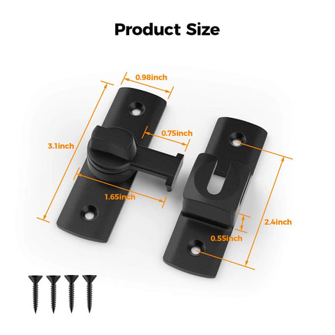 2 Pcs Degree Barn Door Latch, 180/90 Sliding Barn Door Lock dimensions and screws shown in black steel