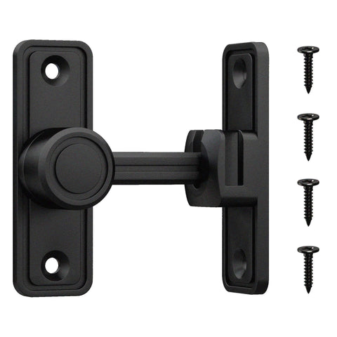Black Barn Door Privacy Latch, 90°/180° Swing Slide Lock, Zinc-Alloy, Adhesive or Screw Mount, shown with included screws