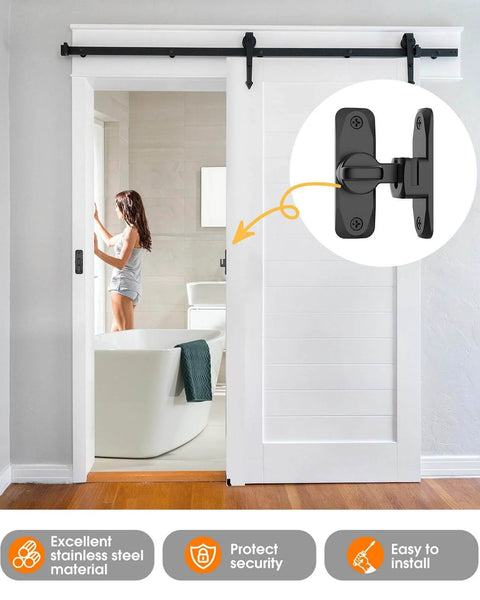 Sliding barn door with black 90/180 Degree Barn Door Lock installed in a bathroom, showing security latch and smooth operation.