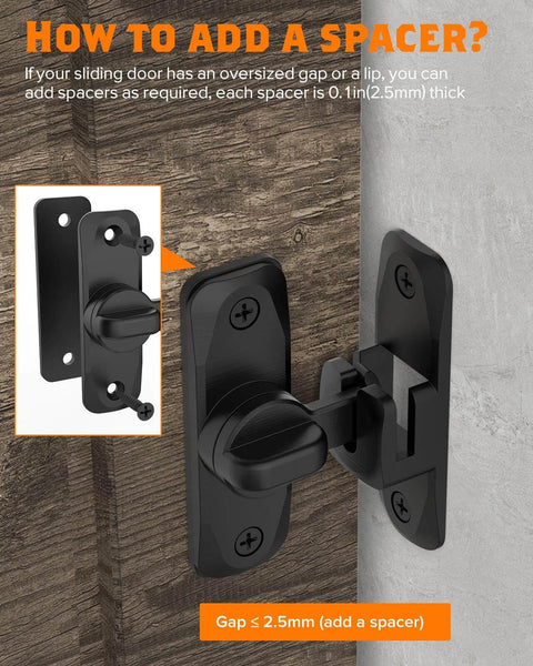 Black 90/180 Degree Barn Door Lock installation guide with spacer information, Small Flip Gate Latches Hardware for cabinets and garden doors