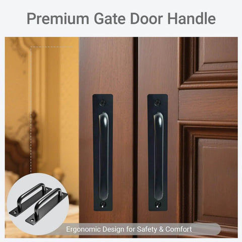 2PCS 5.8 Inches Barn Door Handle in black aluminum alloy installed on wooden door, shown front view, for kitchen, cabinet, bathroom use.