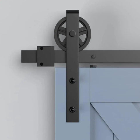 2 Pack Barn Door Roller Kit With Large Wheel Hangers Easy To Install For Thick Door Tracks Fits Door Thickness 1 3 8 To 1 3 4 Inches Black Finish Carbon Steel Body POM Wheel Supports Up To 260 Lb Weight Capacity installed on blue door