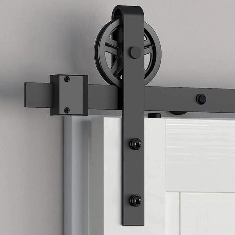 Sliding Barn Door Hardware Roller Set Black Carbon Steel Spoke Wheel Hanger Kit With 2 Rollers 2 End Caps Floor Guide And 8 Spacers