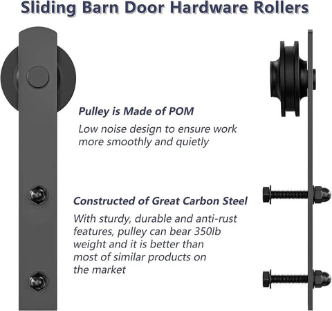 Black Barn Door Rollers With Silencer Design, Heavy Duty 350 Lb Capacity for 1 3/8 to 1 3/4 Inch Thick Doors, side view, carbon steel and POM