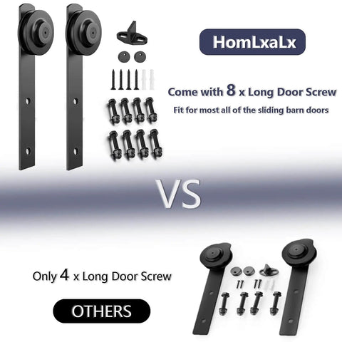 Comparison of Black Barn Door Rollers With Silencer Design, Heavy Duty 350 Lb Capacity, showing 8 vs 4 screws for stability
