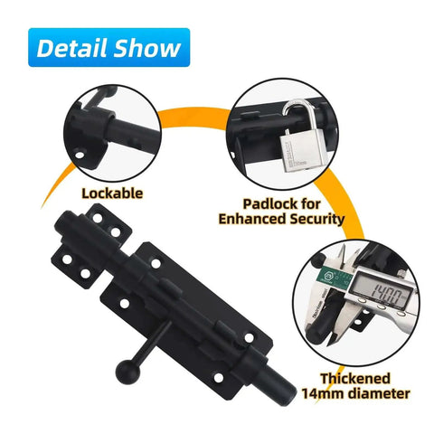 Built Tough Heavy Duty 6.3 Inch Barrel Bolt Latch Sliding Gate Lock 304 Stainless Steel Black Finish Weatherproof Rust Resistant