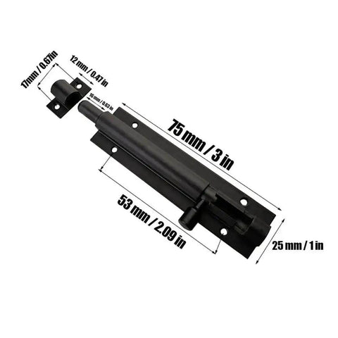 Two Pack 3 Inch Barrel Bolt Lock Heavy Duty Slide Latch For Doors Black Aluminum Alloy Security Lock, dimensions shown
