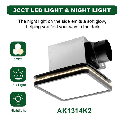 Bathroom Exhaust Fan With Light 80 CFM 2.0 Sones Quiet Ceiling Vent, Dimmable 15W Dope LED Lights With 3 CCT And 3.5W Night Light, Square Black Ceiling Mount Akicon