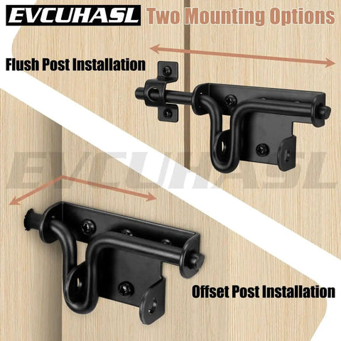 Heavy Duty Slide Bolt Gate Latch With Padlock Hole Bidirectional Door Lock Hardware for Wooden Fences showing flush and offset installation.