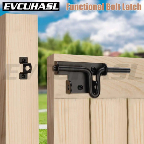 Heavy Duty Slide Bolt Gate Latch With Padlock Hole on wooden fence, shown in black finish, attached on outdoor gate for security