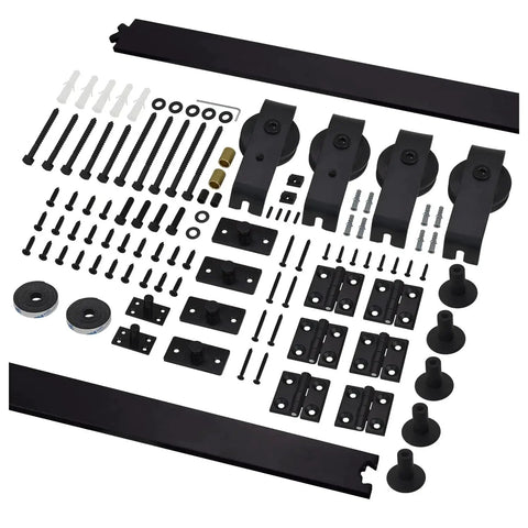Hardware Kit Only For Top Mounted Sliding Bifold Barn Door In Black Finish 75 Five Eighths Inch Track Durable Steel Construction Includes All Mounting Hardware Door Panels Not Included Easy Installation For Garage Or Interior Barn Door Projects laid out on white background