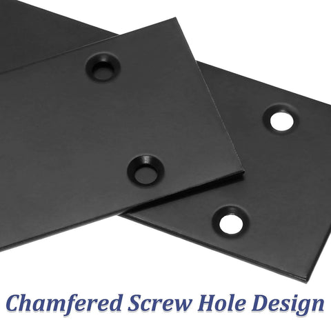 Close-up of 4Pcs Flat Straight Brace Brackets Stainless Steel, Black Fixing Mending Joining Plates Shelf Support Repair Plate.