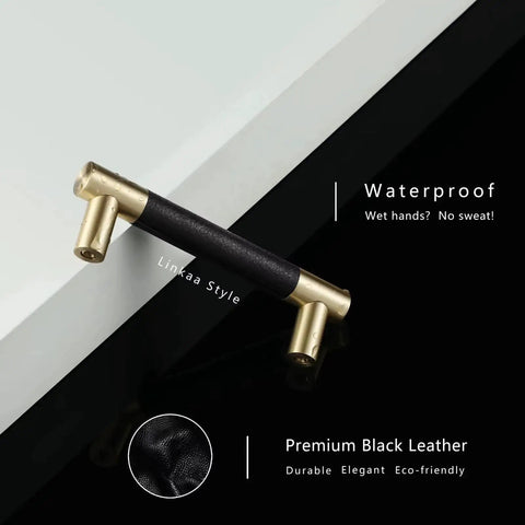 Ten Pack Black Brass Kitchen Cabinet Handles And Drawer Pulls Brushed Gold Finish Modern Hardware For Vanity Dresser Drawers 96mm Hole Centers 119mm Overall Length 15mm Diameter 35mm Projection Easy Install on white surface with leather detail