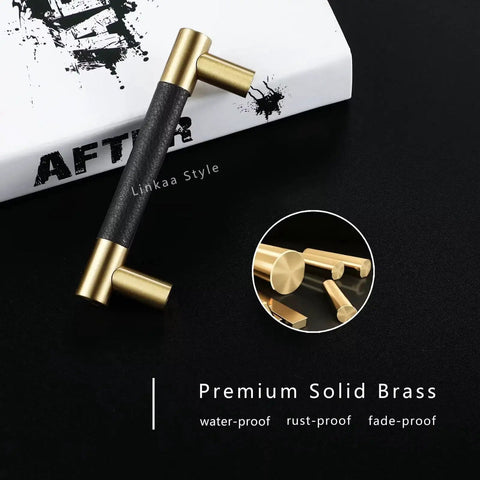 Close-up of Ten Pack Black Brass Kitchen Cabinet Handles And Drawer Pulls Brushed Gold Finish Modern Hardware