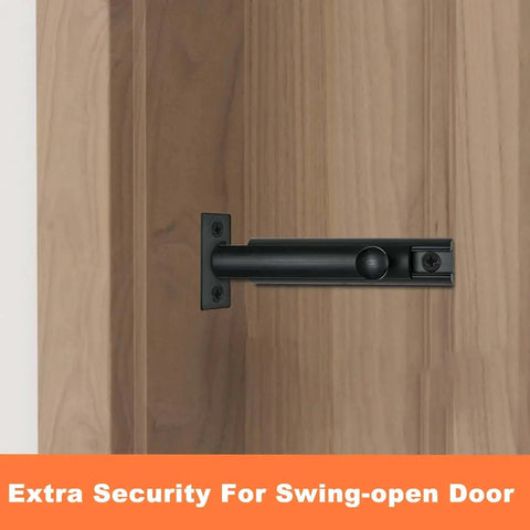 Solid Brass Surface Bolt 3 Inch Heavy Duty Concealed Slide Door Bolt Black Finish With Two Strikes installed on door