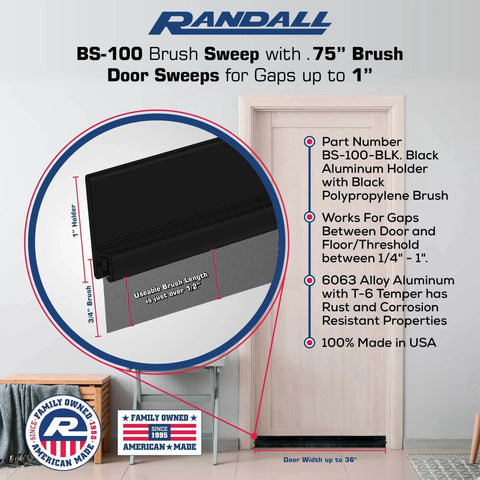 Door Sweeps - Aluminum & Brush - Brush Sweeps for Gaps Up to 1” - Black Trim with Black Brush - 3 Feet installed on door