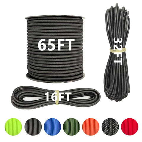 1/4 Inch By 32 Foot Marine Grade Bungee Cord Elastic Shock Cord in black with various lengths and colors, natural latex core, durable polyester shell