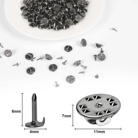 Close-up of black Silver Butterfly Clutch Tie Tacks Pins For Craft Making 120 Pairs, showing dimensions and metal locking spring fastener.