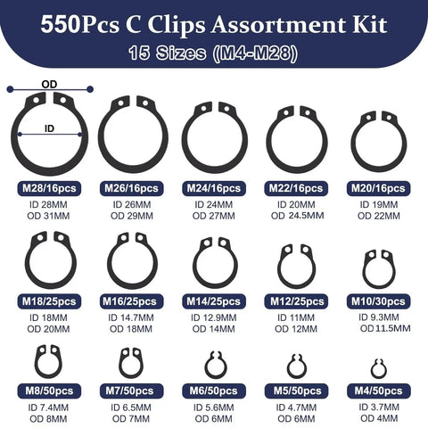 Ultimate C Clip Assortment Kit With 15 Sizes M4 To M28 In BlackCarbon Steel External Retaining Rings with sizes chart.