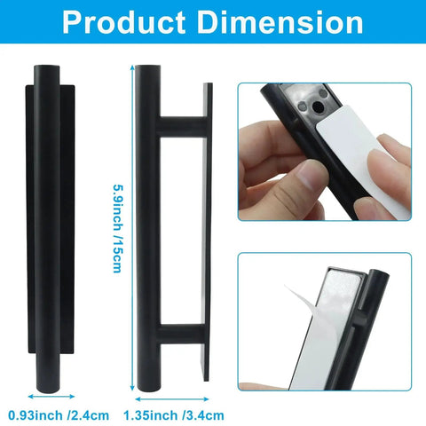 10 Pack Self Stick Push Pull Helper For Cabinets And Drawers with adhesive backing, dimensions and installation shown, black finish