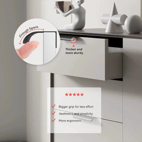Close-up of a 10 Pack 5 Inch Black Cabinet Pulls Edge Finger Pulls for Cabinets and Dresser Drawers showing ergonomic design and grip.