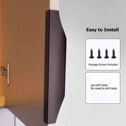 5 Pack Concealed Finger Pulls For Cabinets And Drawers, installed on a kitchen cabinet, black finish, mounting screws included.
