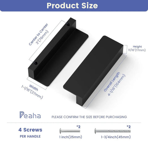 Ten Pack Black 3 Inch Cabinet Handles Finger Pulls Edge Pulls For Cabinets And Drawers Aluminum Alloy Flat Hidden Hardware size guide