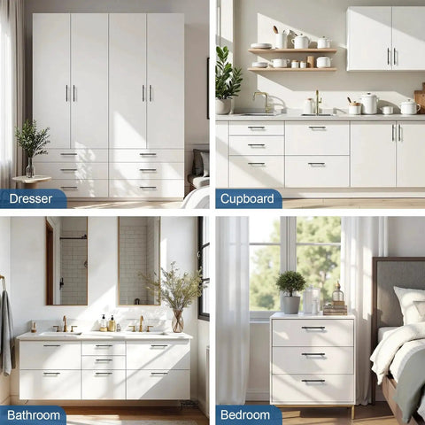 Five Inch Cabinet Pulls Black 10 Pack Modern Drawer Handles on white kitchen, bathroom, dresser, and bedroom cupboards