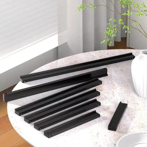 5 Pack 192mm Center Hole Tilted Black Cabinet Handles on marble table, L Rectangle Aluminum Alloy Pulls, anti-rust finish