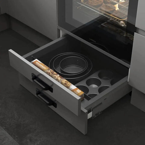Open kitchen drawer with 12 Pack 5 Inch Matte Black Square Cabinet Handles With Base Plate Aluminum Drawer Pulls And Sliding Door Pulls For Cabinets And Furniture Includes 24 Screws And Easy Drill Punch Free Installation shown in modern setting.