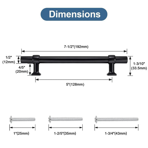 Detailed dimensions of the Five Inch Cabinet Pulls Black 10 Pack modern drawer handles for kitchen cupboard bathroom dresser cabinet hardware.