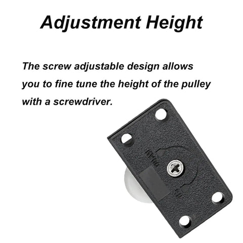 Close-up of 2 Pieces Black Sliding Cabinet Hardware Kit for Wardrobes and Closets Mute Door Pulley Wheels, showing adjustment feature.