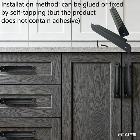 Black Cabinet Pulls 4 Pack for Kitchen Cabinets and Drawers 4.72 Inch Length, shown installed on wooden cabinets