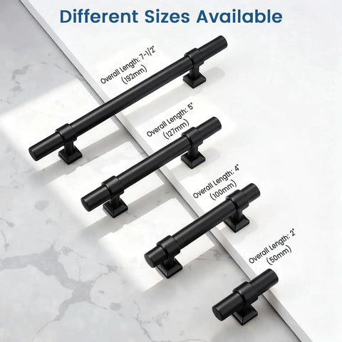 Five Inch Cabinet Pulls Black 10 Pack Modern Drawer Handles shown with size options on white background