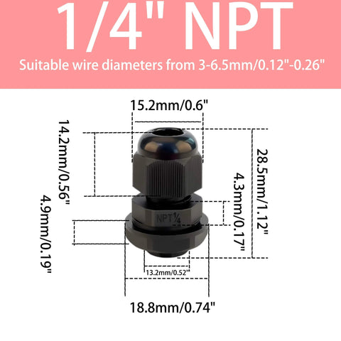 Ten Pack One Quarter Inch NPT Black Cable Glands IP68 Waterproof Nylon Strain Relief Cord Grips Adjustable Three To Six Point Five Millimeter Wire Connectors With Rubber Gaskets And Locknuts For Junction Box Electrical Fittings, front view with dimensions